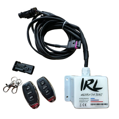IRL remote control system with two keyfobs and a receiver on a white background